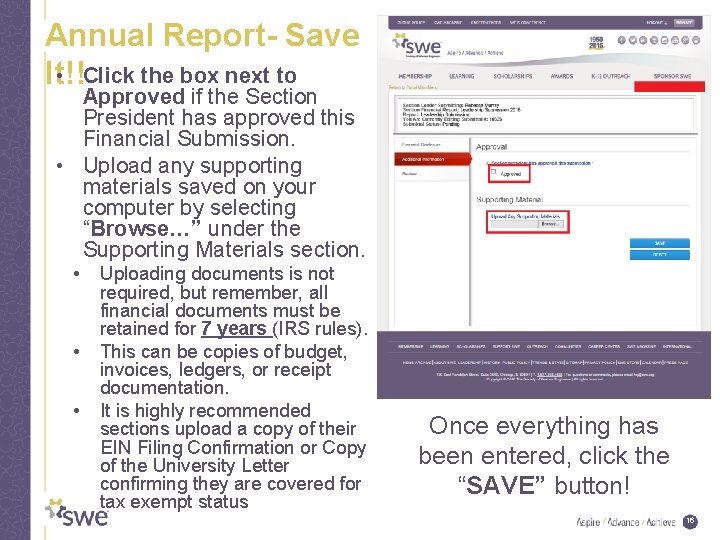 Annual Report- Save • Click the box next to It!! Approved if the Section