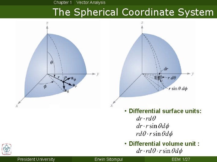 Chapter 1 Vector Analysis The Spherical Coordinate System • Differential surface units: • Differential