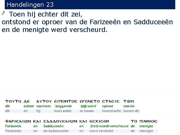 Handelingen 23 Toen hij echter dit zei, ontstond er oproer van de Farizeeën en