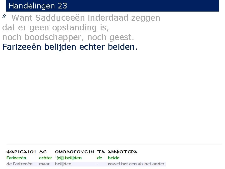 Handelingen 23 Want Sadduceeën inderdaad zeggen dat er geen opstanding is, noch boodschapper, noch