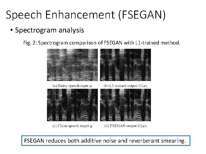 Speech Enhancement (FSEGAN) • Spectrogram analysis Fig. 2: Spectrogram comparison of FSEGAN with L