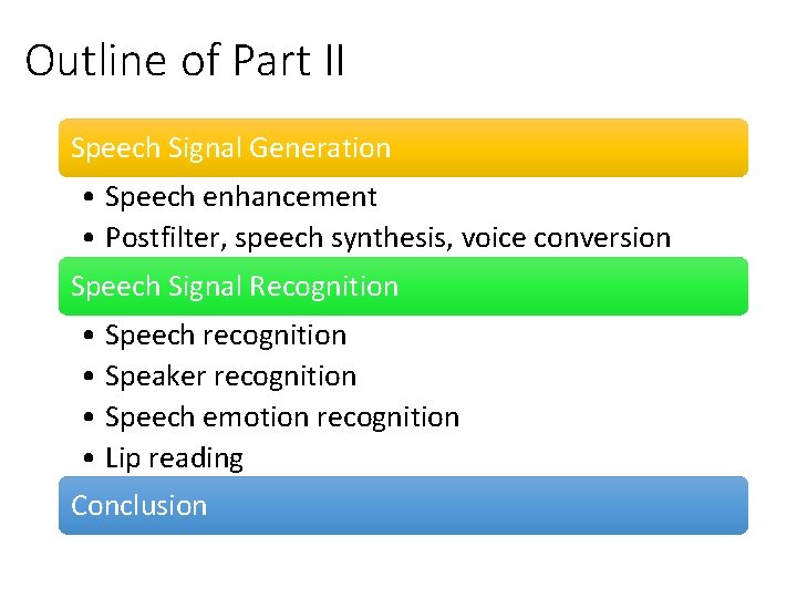 Outline of Part II Speech Signal Generation • Speech enhancement • Postfilter, speech synthesis,