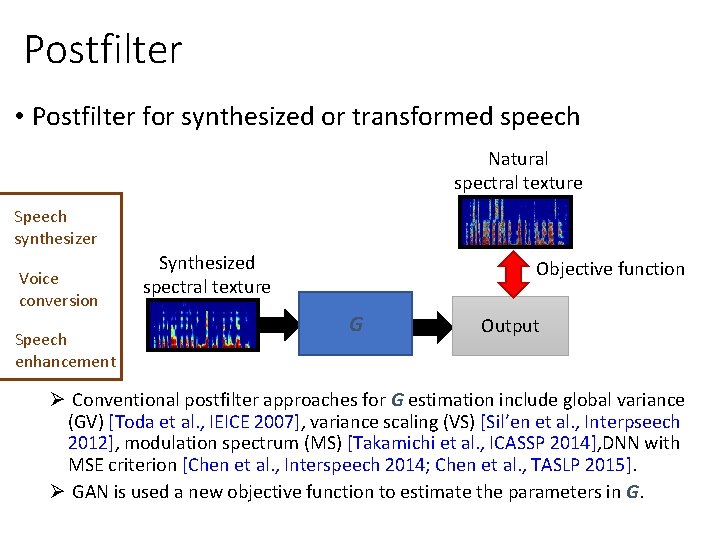 Postfilter • Postfilter for synthesized or transformed speech Natural spectral texture Speech synthesizer Voice