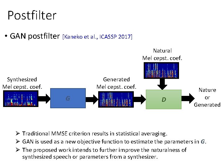 Postfilter • GAN postfilter [Kaneko et al. , ICASSP 2017] Natural Mel cepst. coef.