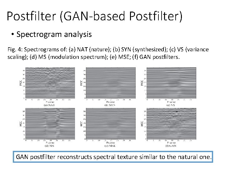 Postfilter (GAN-based Postfilter) • Spectrogram analysis Fig. 4: Spectrograms of: (a) NAT (nature); (b)