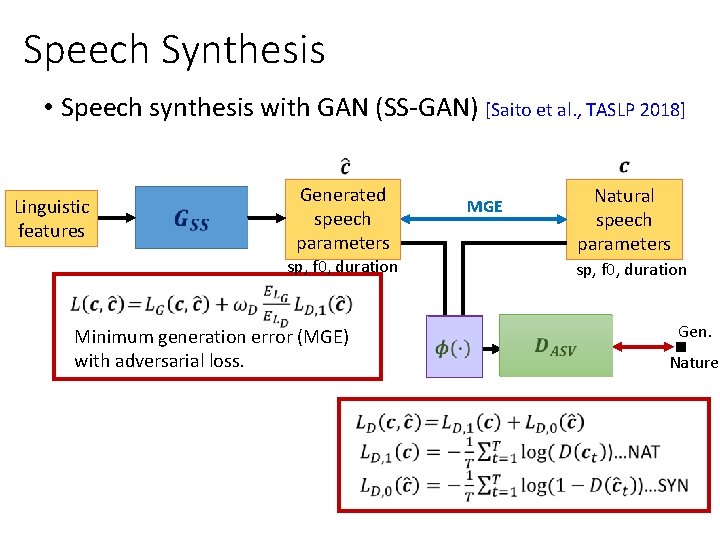 Speech Synthesis • Speech synthesis with GAN (SS-GAN) [Saito et al. , TASLP 2018]