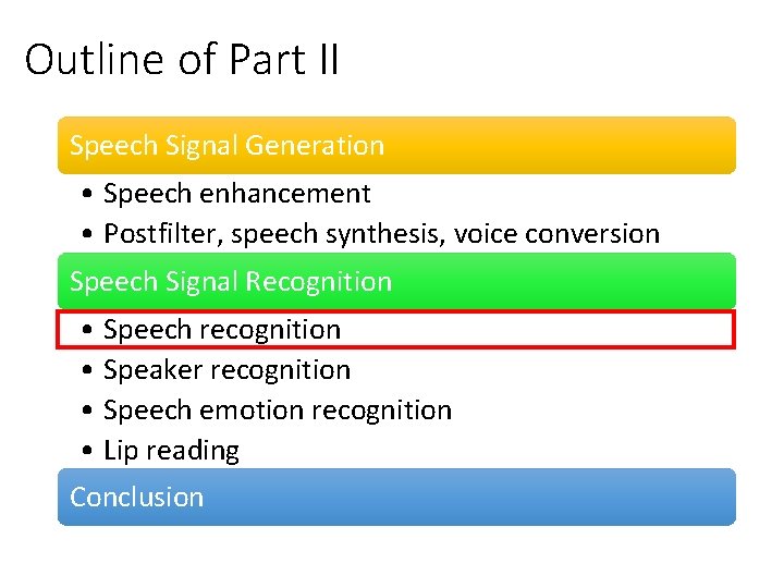 Outline of Part II Speech Signal Generation • Speech enhancement • Postfilter, speech synthesis,