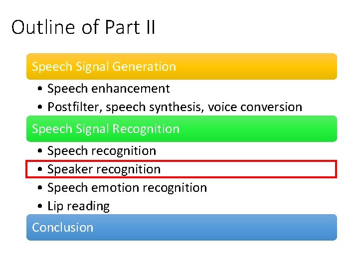 Outline of Part II Speech Signal Generation • Speech enhancement • Postfilter, speech synthesis,