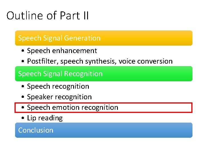 Outline of Part II Speech Signal Generation • Speech enhancement • Postfilter, speech synthesis,