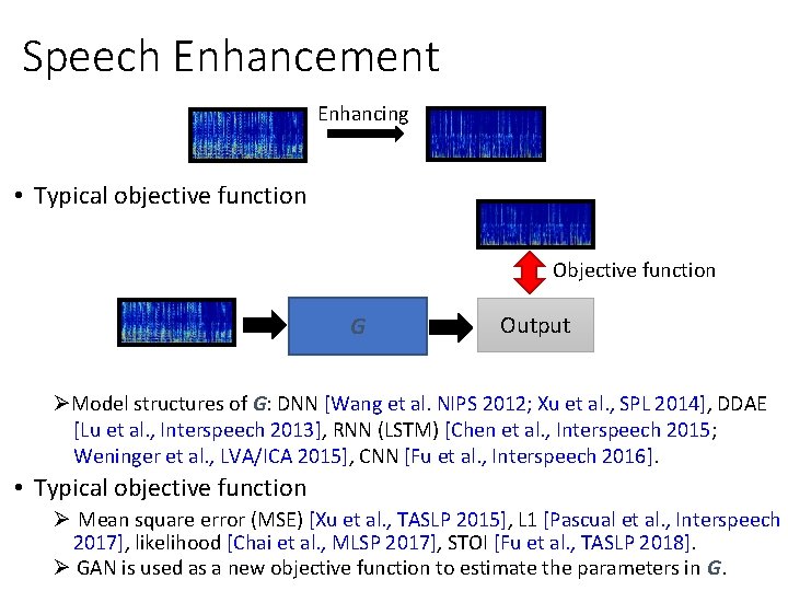Speech Enhancement Enhancing • Typical objective function Objective function G Output ØModel structures of