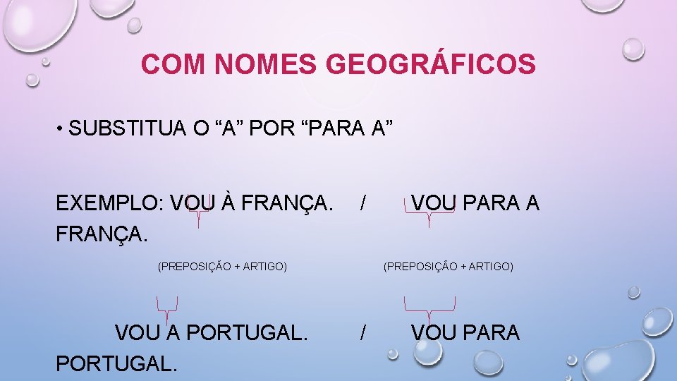COM NOMES GEOGRÁFICOS • SUBSTITUA O “A” POR “PARA A” EXEMPLO: VOU À FRANÇA.