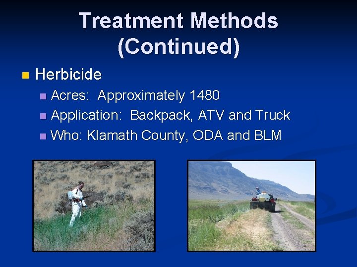 Treatment Methods (Continued) n Herbicide Acres: Approximately 1480 n Application: Backpack, ATV and Truck