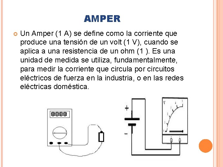 AMPER Un Amper (1 A) se define como la corriente que produce una tensión