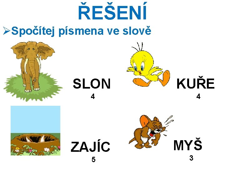 ŘEŠENÍ ØSpočítej písmena ve slově SLON KUŘE 4 ZAJÍC 5 4 MYŠ 3 