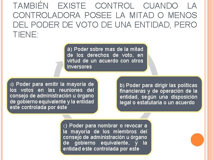 TAMBIÉN EXISTE CONTROL CUANDO LA CONTROLADORA POSEE LA MITAD O MENOS DEL PODER DE