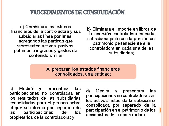 PROCEDIMIENTOS DE CONSOLIDACIÓN a) Combinará los estados financieros de la controladora y sus subsidiarias