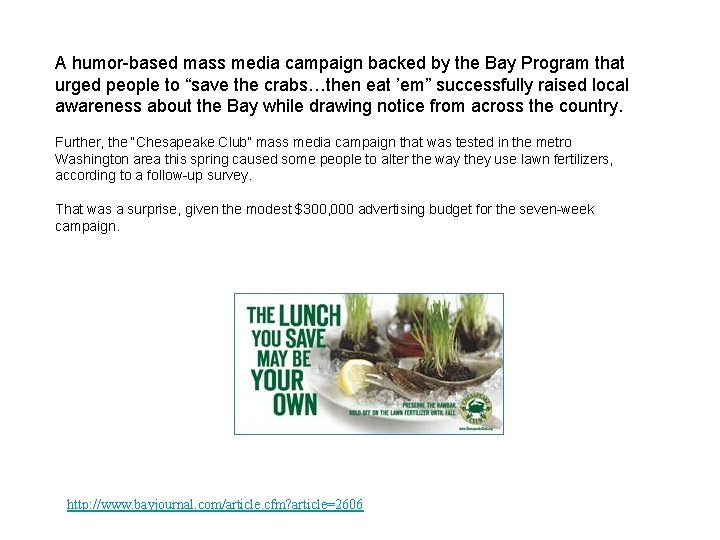 A humor-based mass media campaign backed by the Bay Program that urged people to