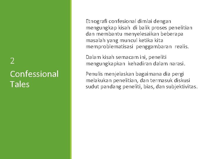 Etnografi confesional dimlai dengan mengungkap kisah di balik proses penelitian dan membantu menyelesaikan beberapa