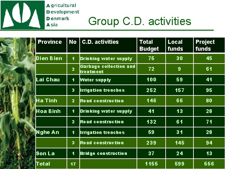 Group C. D. activities Province Dien Bien No C. D. activities Total Budget Local