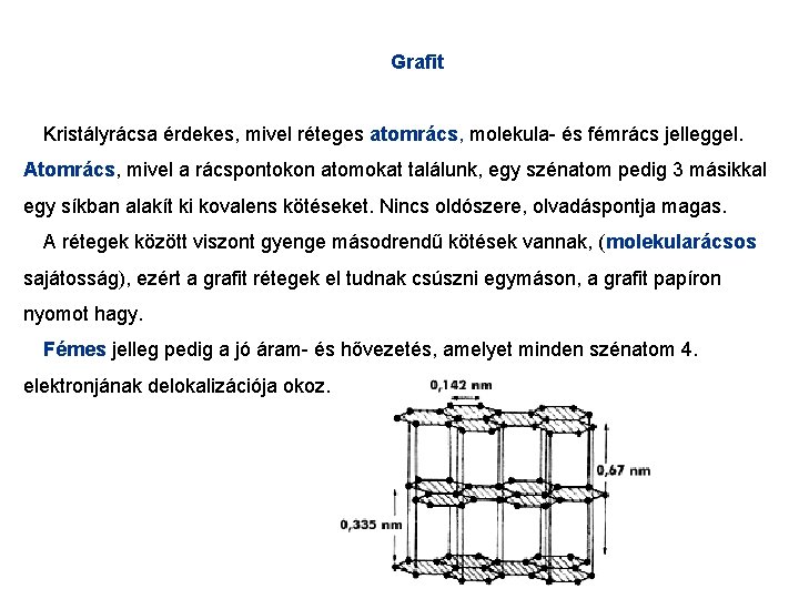 Grafit Kristályrácsa érdekes, mivel réteges atomrács, molekula- és fémrács jelleggel. Atomrács, mivel a rácspontokon