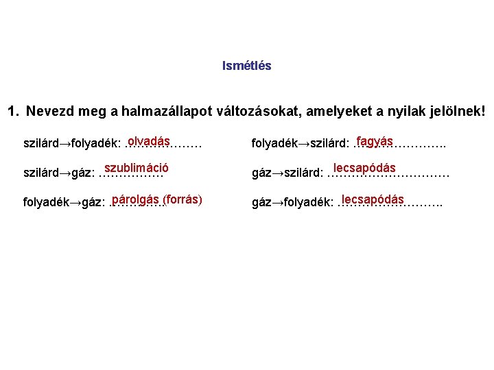 Ismétlés 1. Nevezd meg a halmazállapot változásokat, amelyeket a nyilak jelölnek! olvadás szilárd→folyadék: ……………….