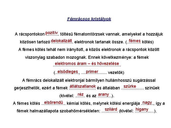 Fémrácsos kristályok A rácspontokon pozitív. . ……. . töltésű fématomtörzsek vannak, amelyeket a hozzájuk