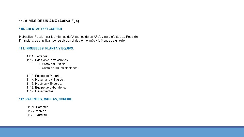 11. A MAS DE UN AÑO (Activo Fijo) 110. CUENTAS POR COBRAR Instructivo: Pueden