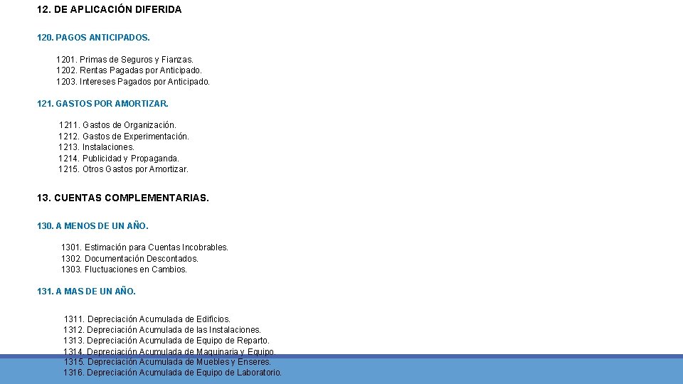 12. DE APLICACIÓN DIFERIDA 120. PAGOS ANTICIPADOS. 1201. Primas de Seguros y Fianzas. 1202. 12. DE APLICACIÓN DIFERIDA 120. PAGOS ANTICIPADOS. 1201. Primas de Seguros y Fianzas. 1202.
