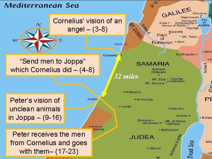 14 Cornelius’ vision of an angel – (3 -8) “Send men to Joppa” which