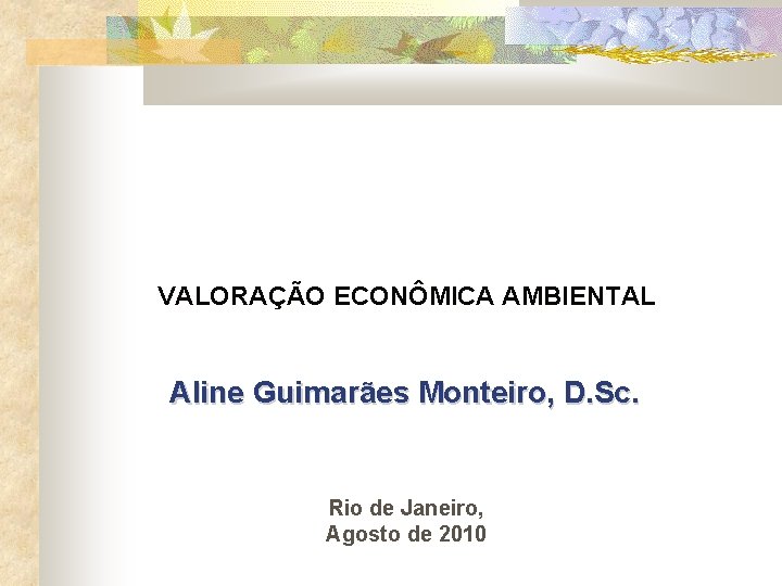 VALORAÇÃO ECONÔMICA AMBIENTAL Aline Guimarães Monteiro, D. Sc. Rio de Janeiro, Agosto de 2010