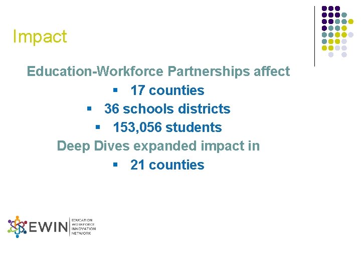 Impact Education-Workforce Partnerships affect § 17 counties § 36 schools districts § 153, 056 Impact Education-Workforce Partnerships affect § 17 counties § 36 schools districts § 153, 056