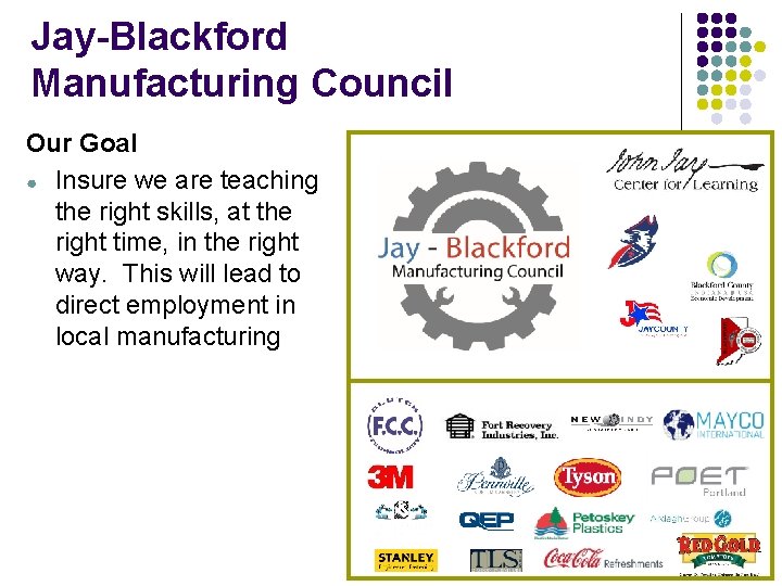 Jay-Blackford Manufacturing Council Our Goal ● Insure we are teaching the right skills, at Jay-Blackford Manufacturing Council Our Goal ● Insure we are teaching the right skills, at