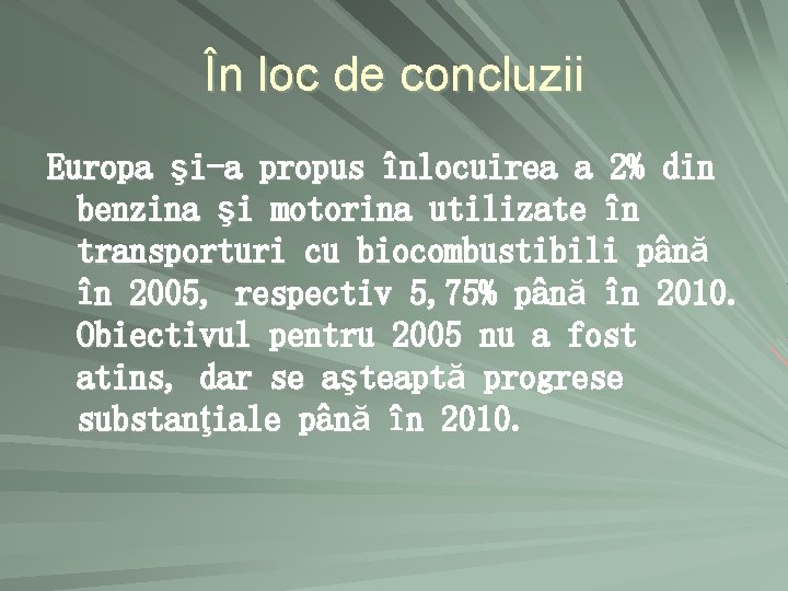 În loc de concluzii Europa şi-a propus înlocuirea a 2% din benzina şi motorina