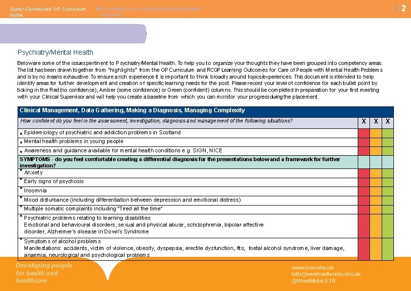 Super-Condensed GP Curriculum Guide 2 Psychiatry/Care of People with Mental Health Problems Confidence Rating Super-Condensed GP Curriculum Guide 2 Psychiatry/Care of People with Mental Health Problems Confidence Rating