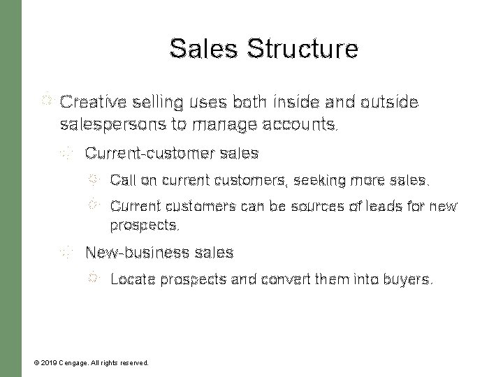 Sales Structure Creative selling uses both inside and outside salespersons to manage accounts. Current-customer Sales Structure Creative selling uses both inside and outside salespersons to manage accounts. Current-customer