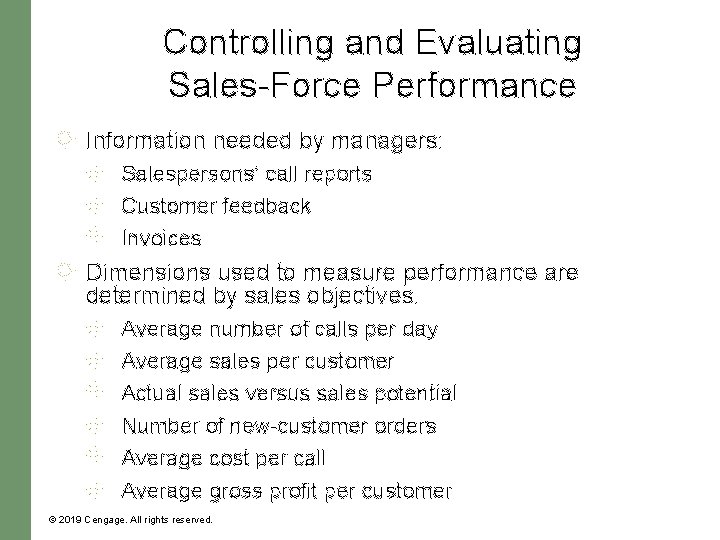 Controlling and Evaluating Sales-Force Performance Information needed by managers: Salespersons’ call reports Customer feedback Controlling and Evaluating Sales-Force Performance Information needed by managers: Salespersons’ call reports Customer feedback