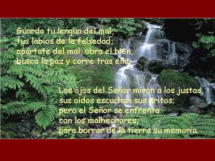Guarda tu lengua del mal, tus labios de la falsedad; apártate del mal, obra
