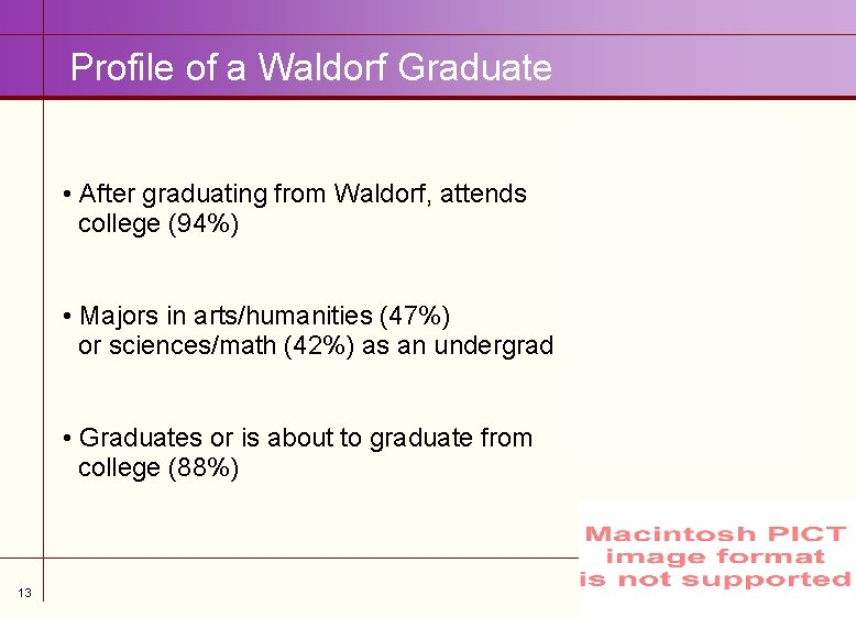 Profile of a Waldorf Graduate • After graduating from Waldorf, attends college (94%) •