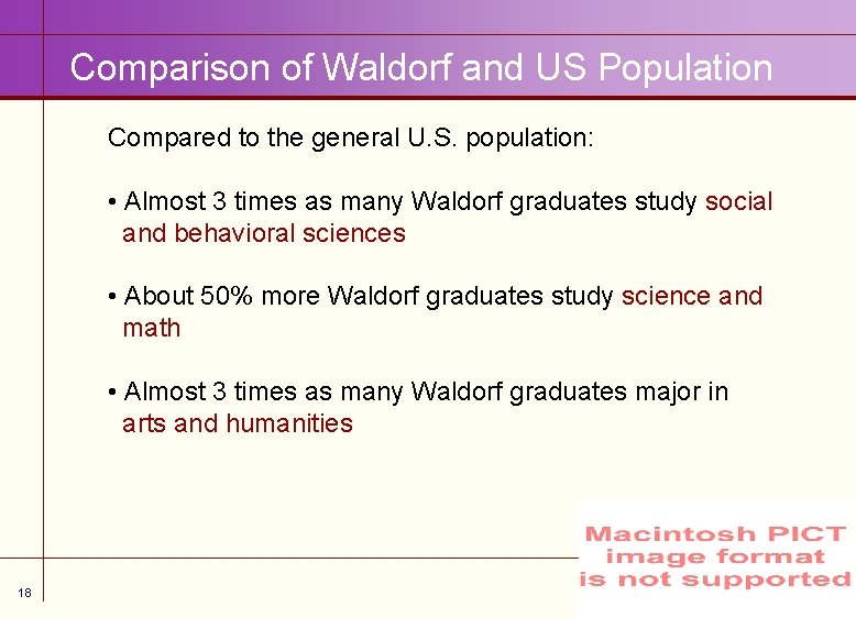 Comparison of Waldorf and US Population Compared to the general U. S. population: •