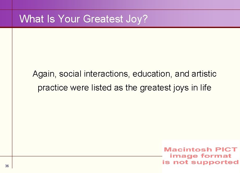 What Is Your Greatest Joy? Again, social interactions, education, and artistic practice were listed