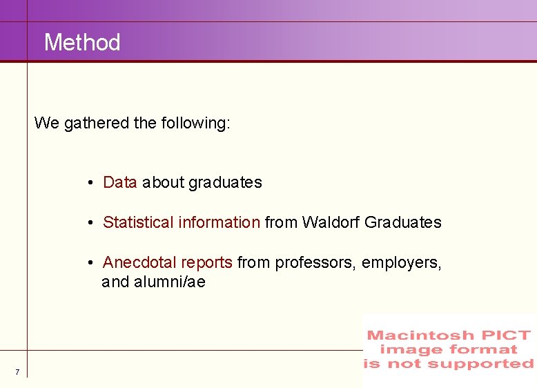 Method We gathered the following: • Data about graduates • Statistical information from Waldorf