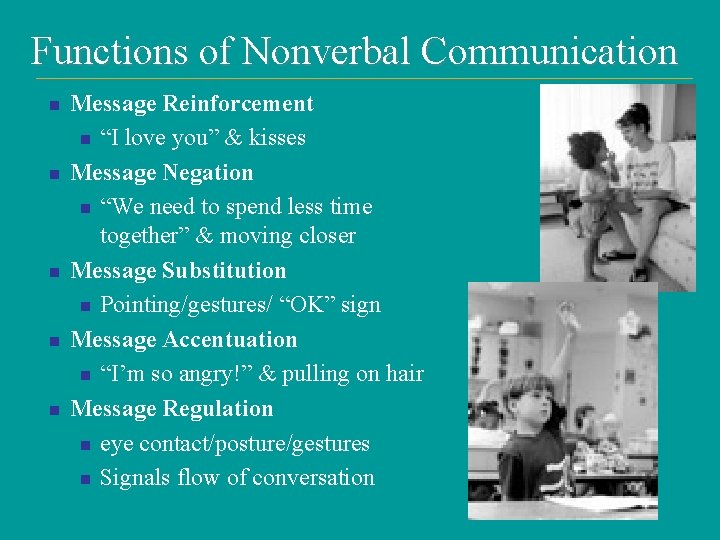 Functions of Nonverbal Communication n n Message Reinforcement n “I love you” & kisses