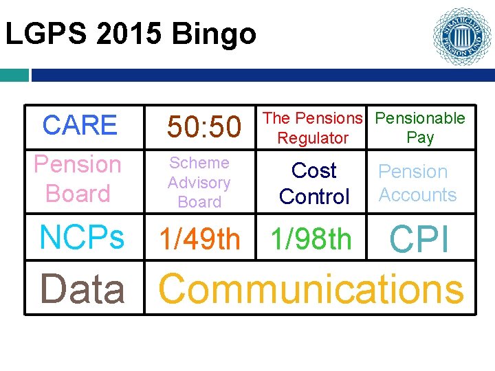 LGPS 2015 Bingo CARE 50: 50 Pension Board Scheme Advisory Board The Pensions Pensionable