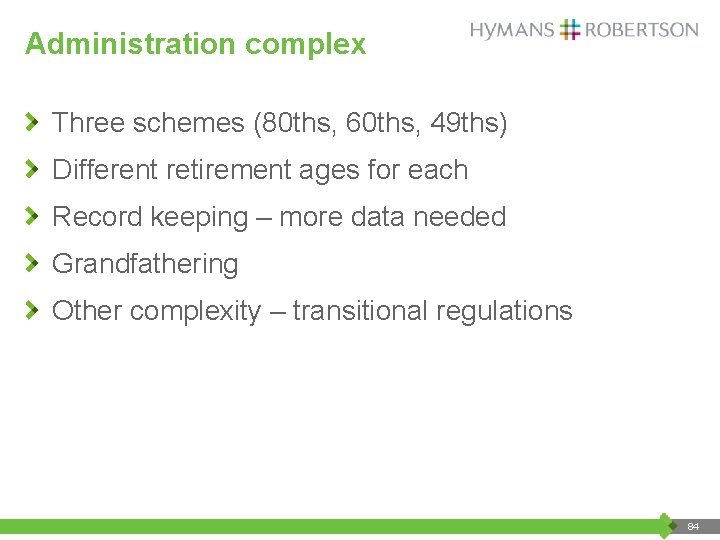 Administration complex Three schemes (80 ths, 60 ths, 49 ths) Different retirement ages for