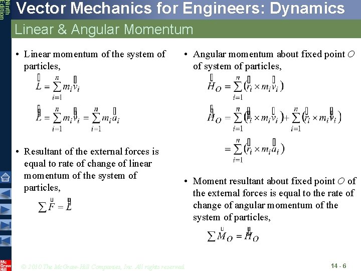 Ninth Edition Vector Mechanics for Engineers: Dynamics Linear & Angular Momentum • Linear momentum