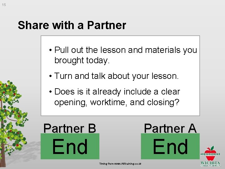 15 Share with a Partner • Pull out the lesson and materials you brought