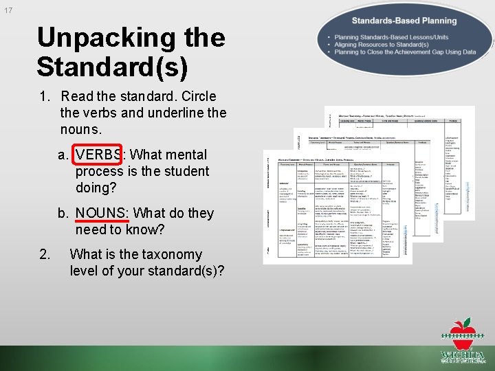 17 Unpacking the Standard(s) 1. Read the standard. Circle the verbs and underline the