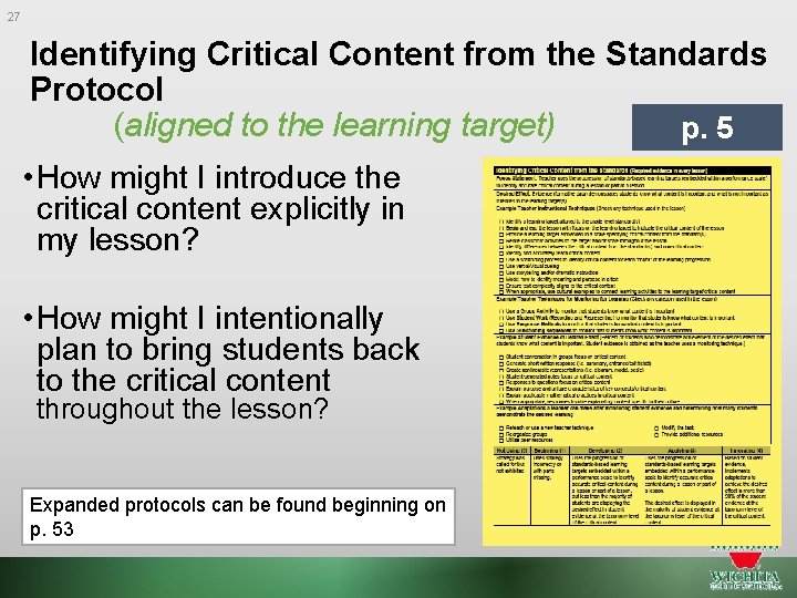 27 Identifying Critical Content from the Standards Protocol (aligned to the learning target) p.