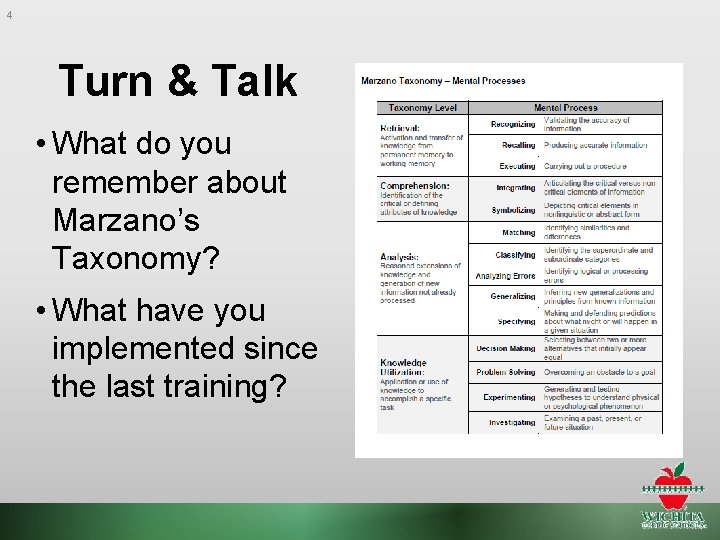 4 Turn & Talk • What do you remember about Marzano’s Taxonomy? • What