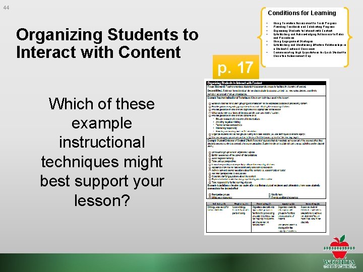 44 Conditions for Learning Organizing Students to Interact with Content Which of these example